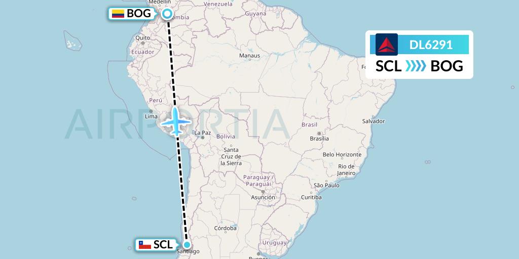 DL6291 Delta Air Lines Flight Map: Santiago to Bogota