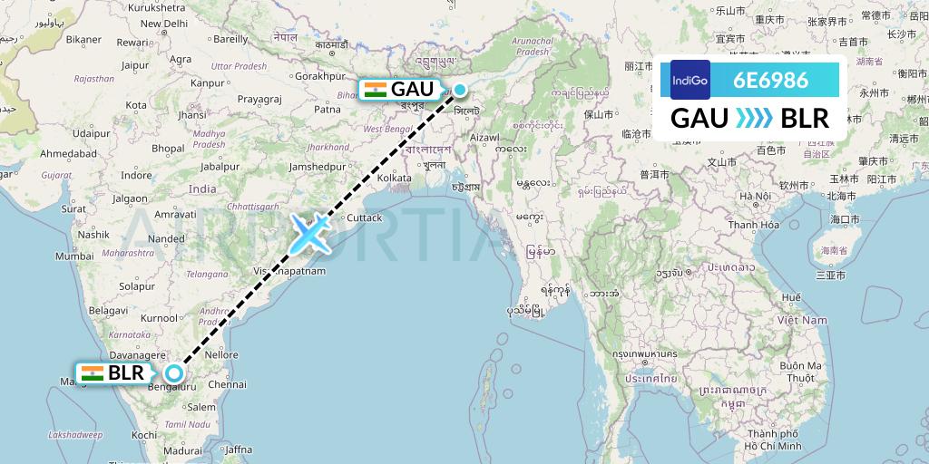 6E6986 IndiGo Airlines Flight Map: Guwahati to Bangalore