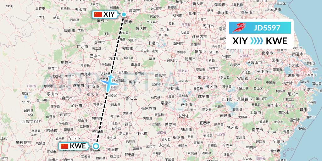 JD5597 Capital Airlines Flight Map: Xi'an to Guiyang