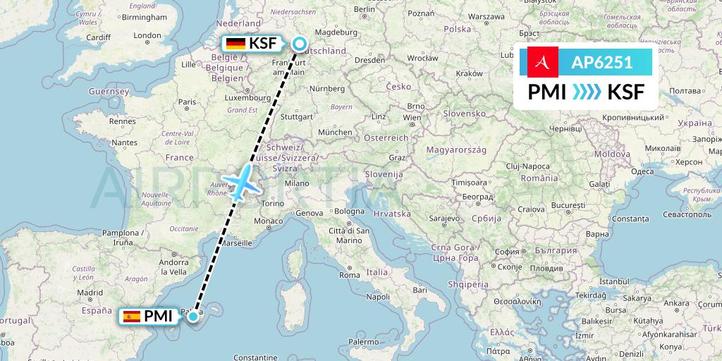AP6251 AlbaStar Flight Map: Palma de Mallorca to Kassel