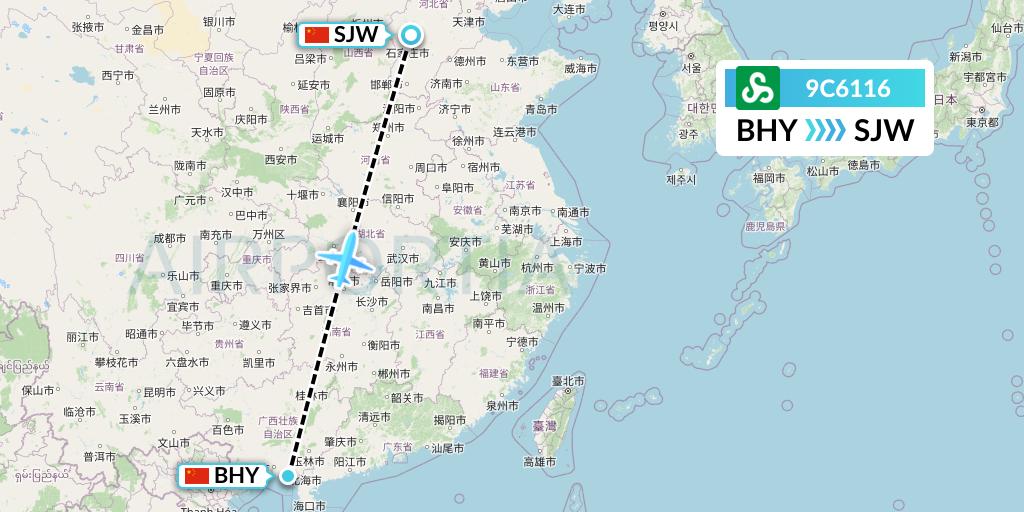 9C6116 Spring Airlines Flight Map: Beihai to Shijiazhuang
