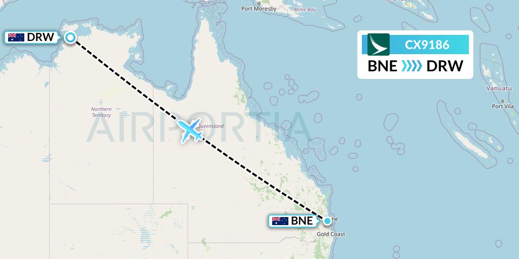 CX9186 Cathay Pacific Flight Map: Brisbane to Darwin