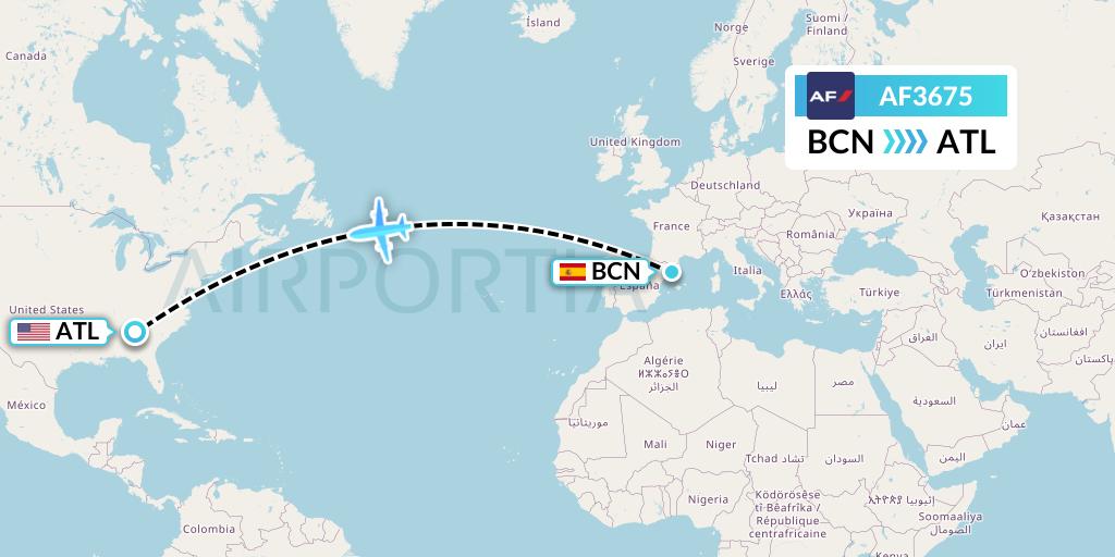 AF3675 Air France Flight Map: Barcelona to Atlanta