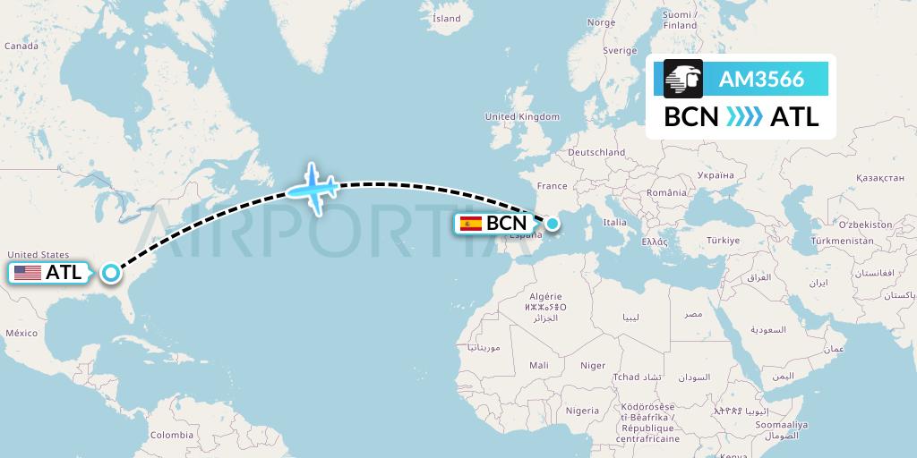 AM3566 Aeromexico Flight Map: Barcelona to Atlanta