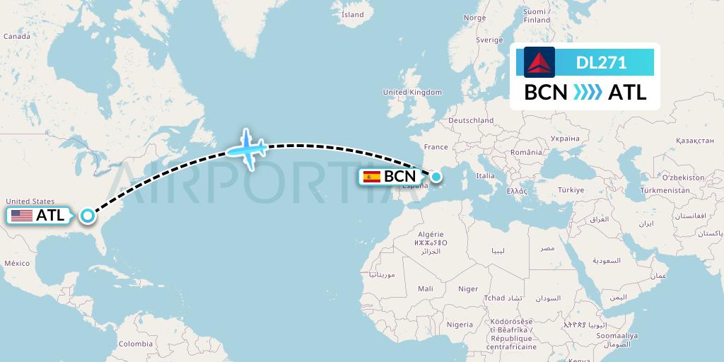 DL271 Delta Air Lines Flight Map: Barcelona to Atlanta