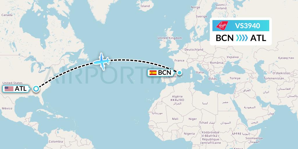 VS3940 Virgin Atlantic Airways Flight Map: Barcelona to Atlanta