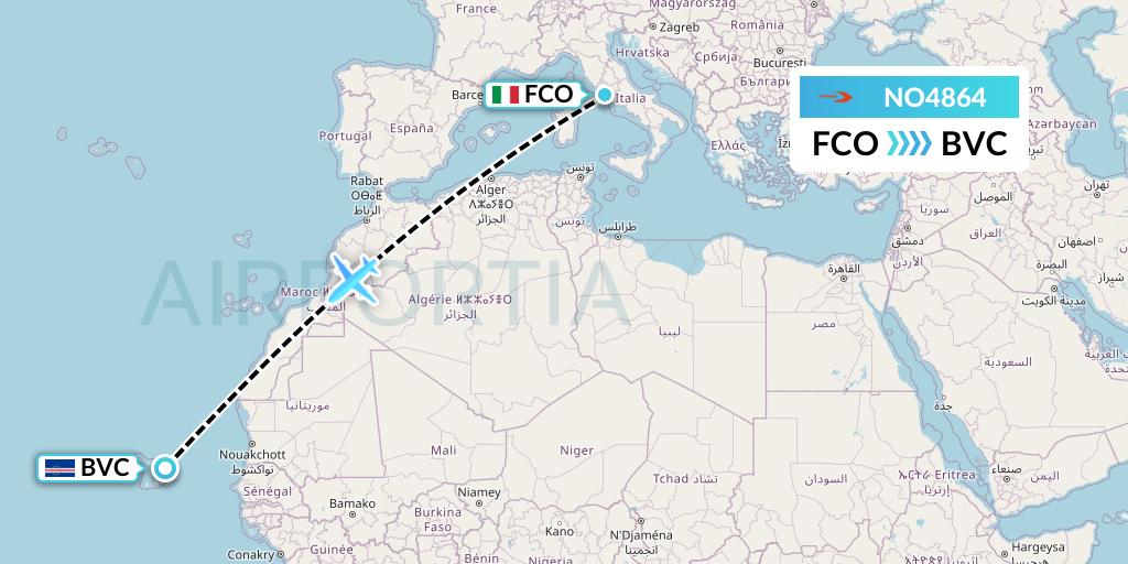 NO4864 Neos Flight Map: Rome to Boa Vista