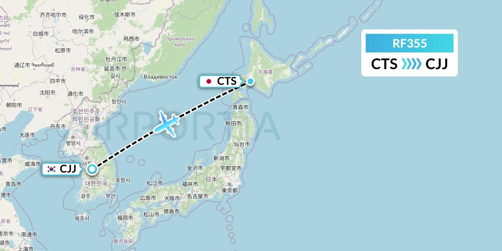 RF355 Aero K Airlines Flight Map: Sapporo to Cheongju