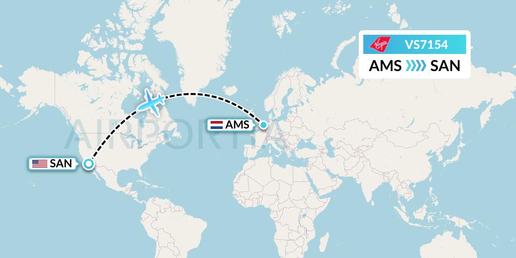 VS7154 Virgin Atlantic Airways Flight Map: Amsterdam to San Diego