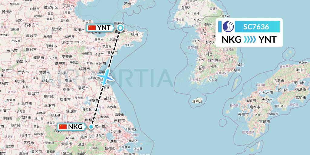 SC7636 Shandong Airlines Flight Map: Nanjing to Yantai