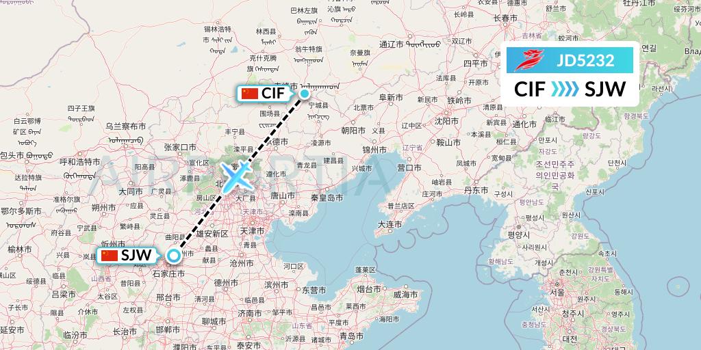 JD5232 Capital Airlines Flight Map: Chifeng to Shijiazhuang
