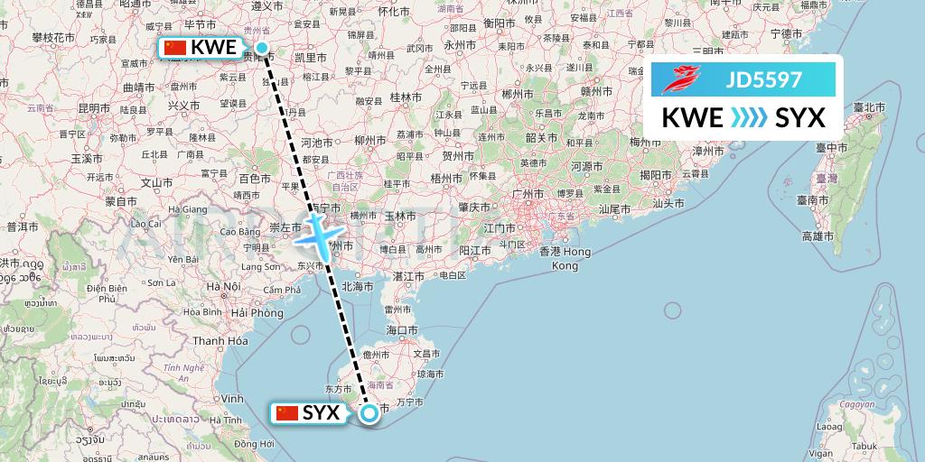 JD5597 Capital Airlines Flight Map: Guiyang to Sanya
