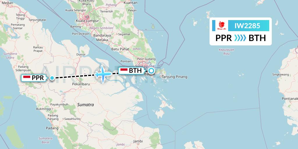 IW2285 Wings Air Flight Map: Pasir Pengarayan-Sumatra Island to Batam