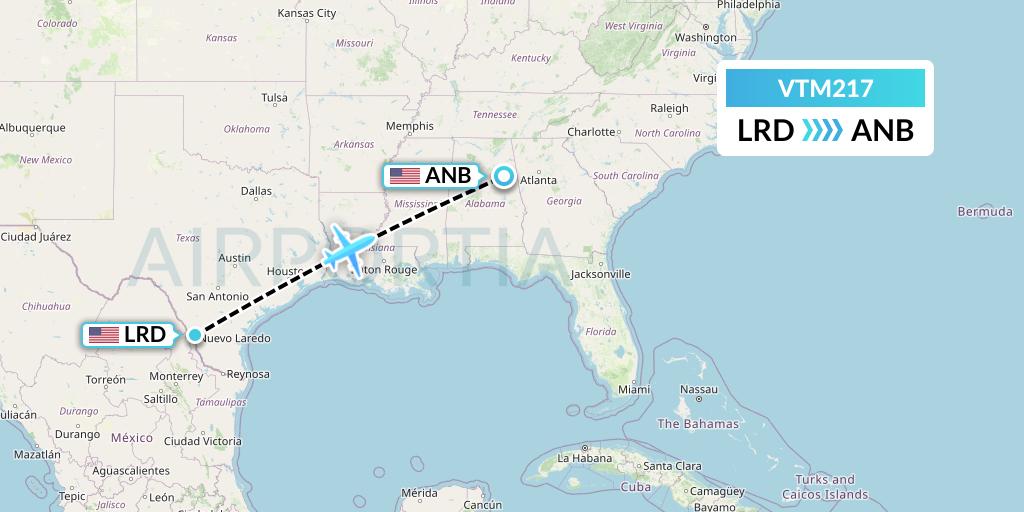 VTM217 Aeronaves TSM Flight Map: Laredo to Anniston