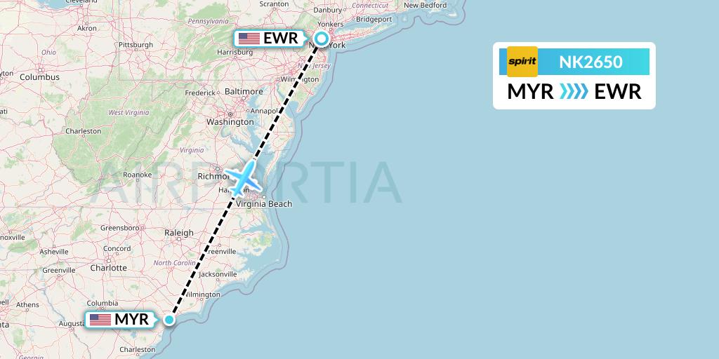 NK2650 Spirit Airlines Flight Map: Myrtle Beach to New York