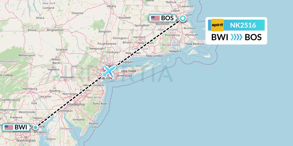 NK2516 Spirit Airlines Flight Map: Baltimore to Boston