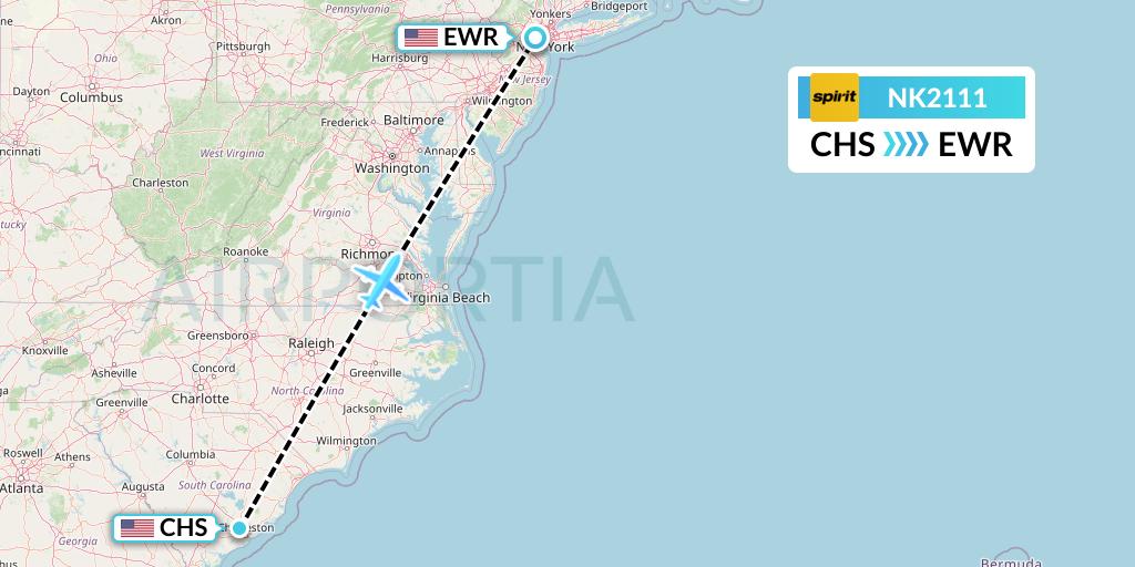 NK2111 Spirit Airlines Flight Map: Charleston to New York