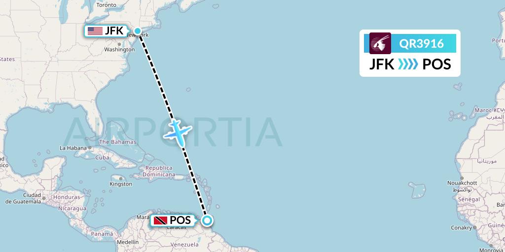 QR3916 Qatar Airways Flight Map: New York to Port of Spain