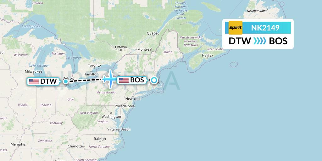 NK2149 Spirit Airlines Flight Map: Detroit to Boston