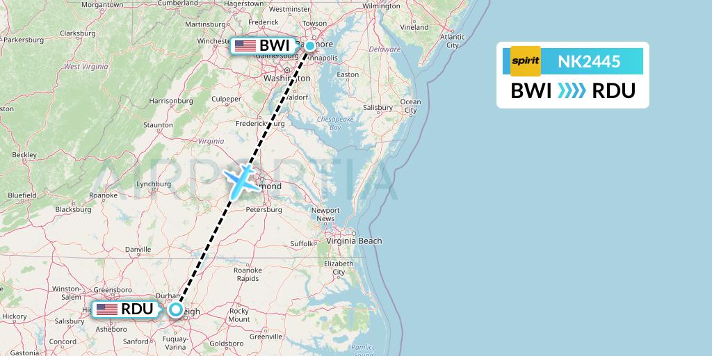NK2445 Spirit Airlines Flight Map: Baltimore to Raleigh-Durham