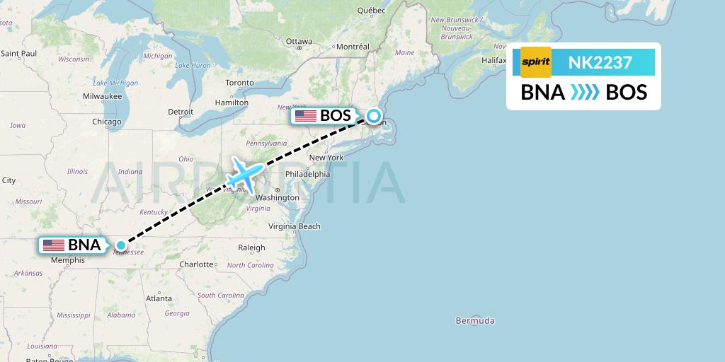 NK2237 Spirit Airlines Flight Map: Nashville to Boston