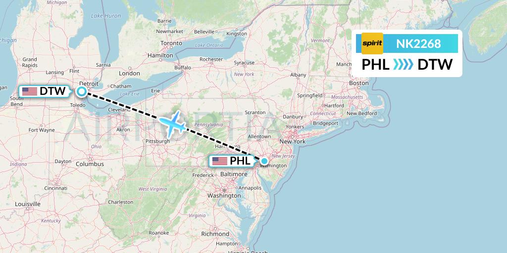 NK2268 Spirit Airlines Flight Map: Philadelphia to Detroit