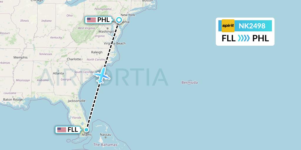 NK2498 Spirit Airlines Flight Map: Fort Lauderdale to Philadelphia