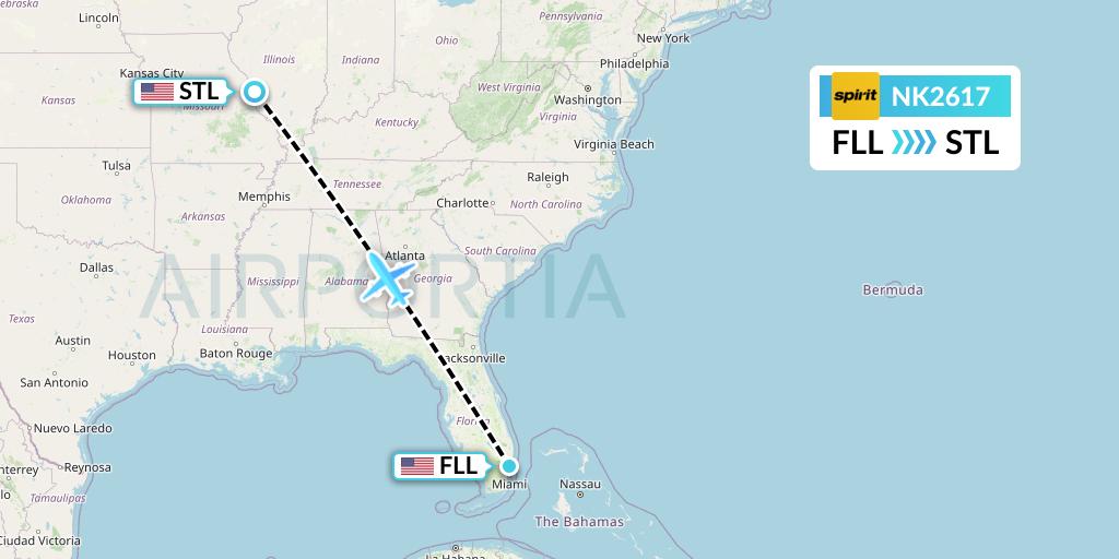 NK2617 Spirit Airlines Flight Map: Fort Lauderdale to St. Louis