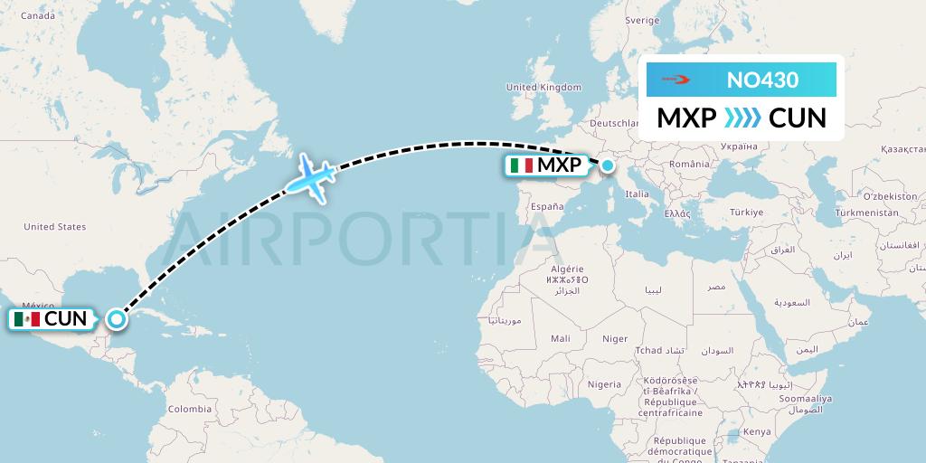 NO430 Neos Flight Map: Milan to Cancun
