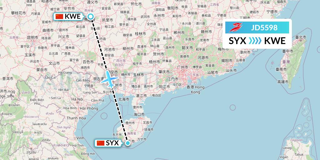 JD5598 Capital Airlines Flight Map: Sanya to Guiyang