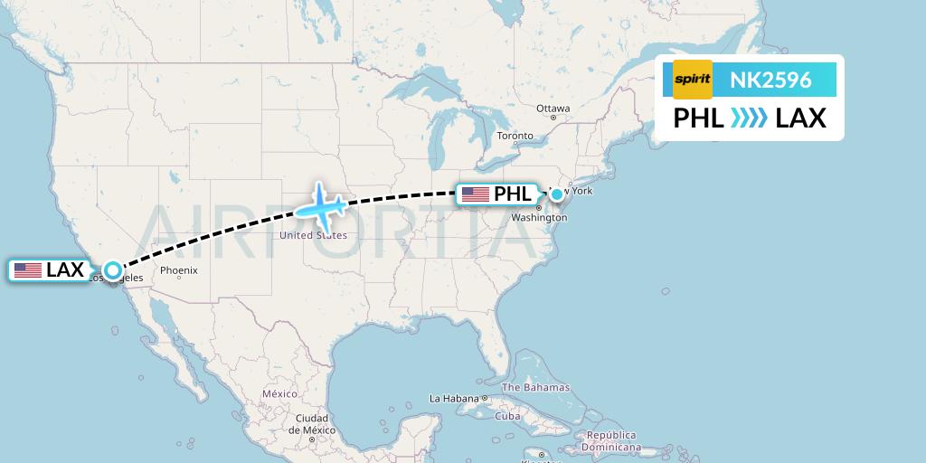 NK2596 Spirit Airlines Flight Map: Philadelphia to Los Angeles