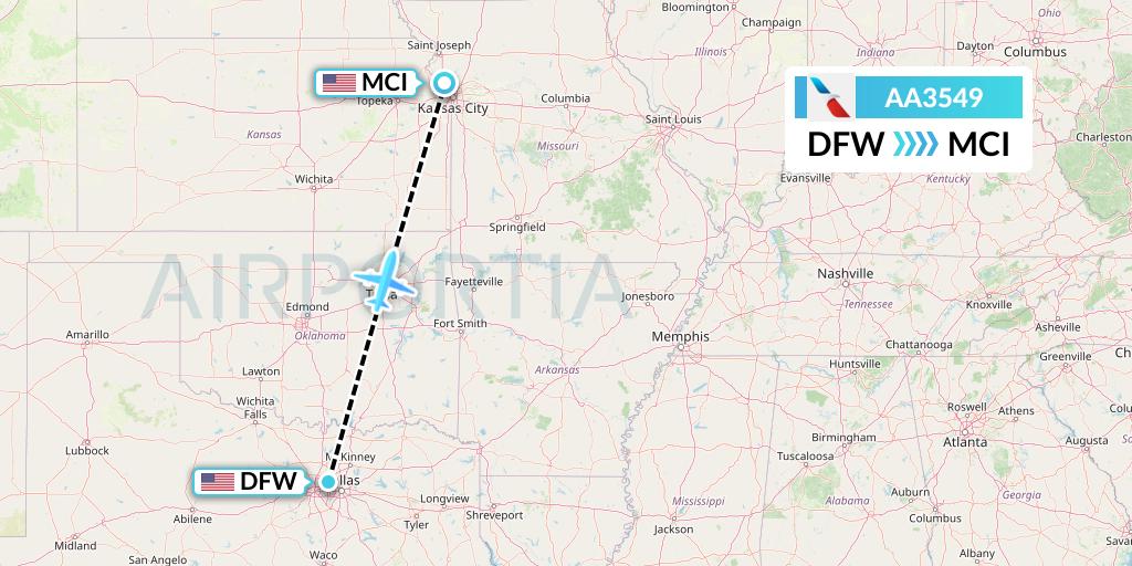 AA3549 American Airlines Flight Map: Dallas to Kansas City