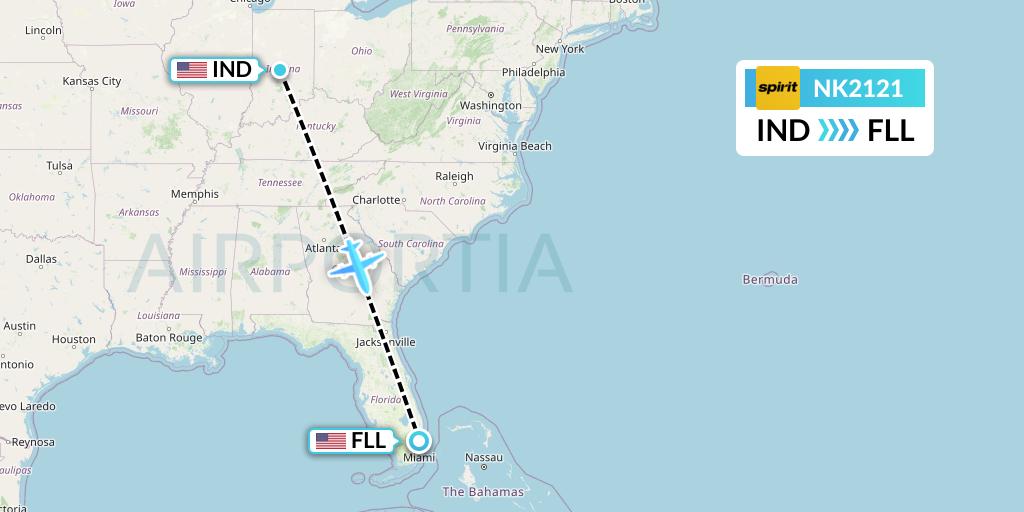 NK2121 Spirit Airlines Flight Map: Indianapolis to Fort Lauderdale