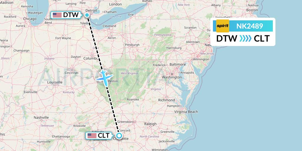 NK2489 Spirit Airlines Flight Map: Detroit to Charlotte