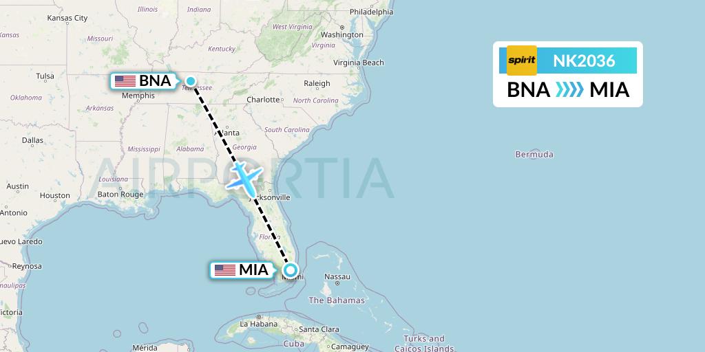 NK2036 Spirit Airlines Flight Map: Nashville to Miami