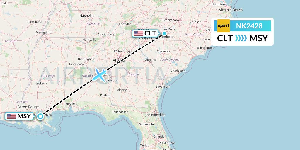 NK2428 Spirit Airlines Flight Map: Charlotte to New Orleans