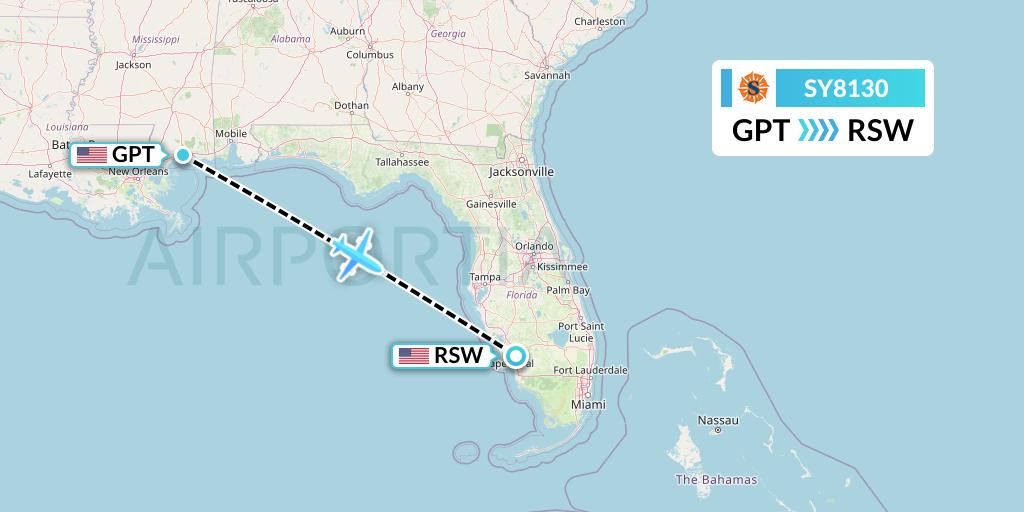 SY8130 Sun Country Airlines Flight Map: Gulfport to Fort Myers