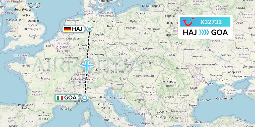 X32732 TUI fly Germany Flight Map: Hannover to Genoa