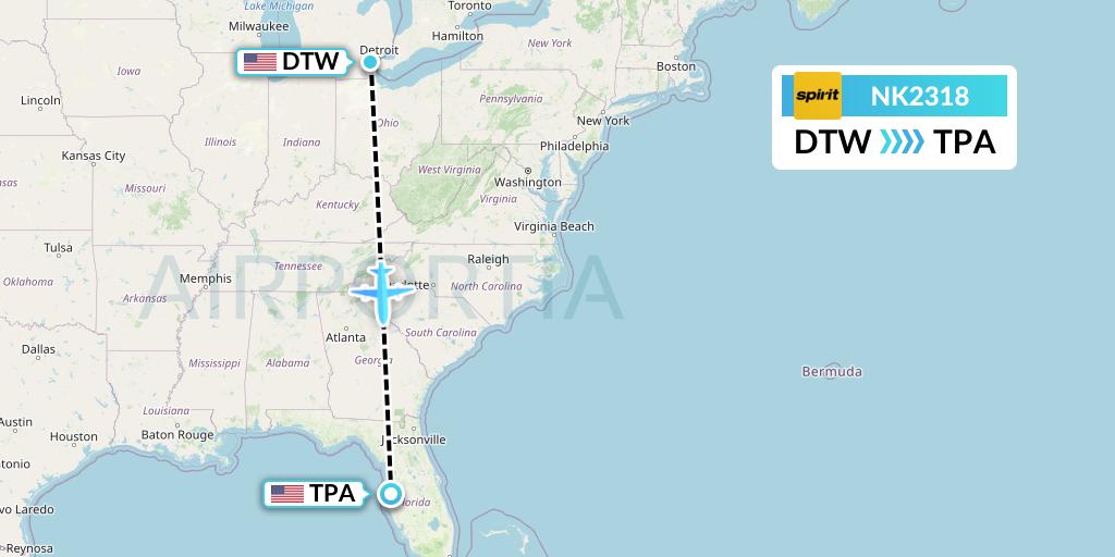 NK2318 Spirit Airlines Flight Map: Detroit to Tampa