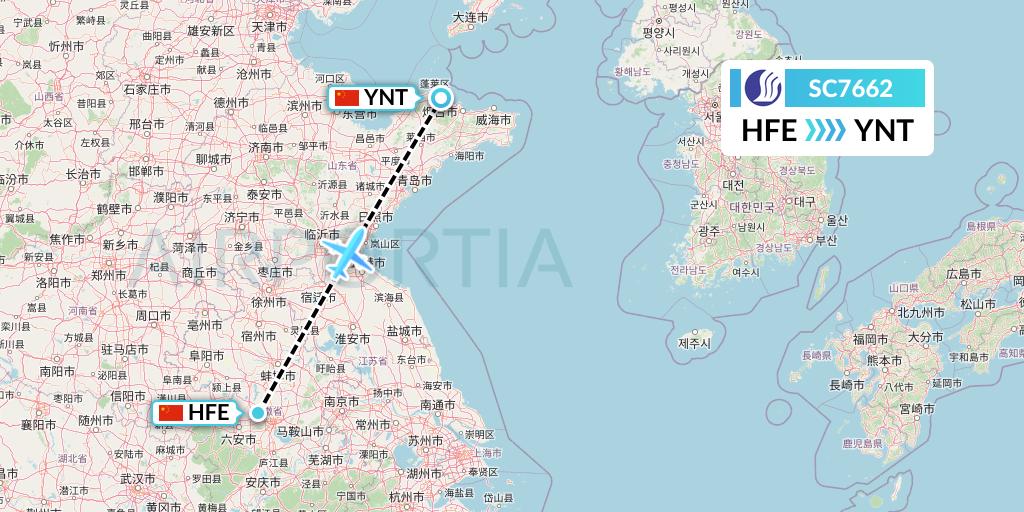 SC7662 Shandong Airlines Flight Map: Hefei to Yantai