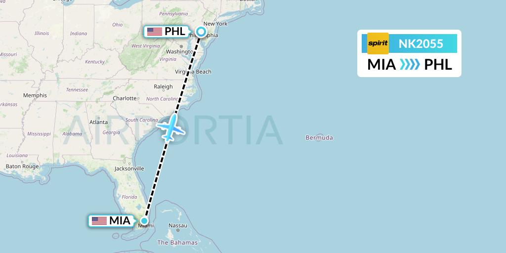 NK2055 Spirit Airlines Flight Map: Miami to Philadelphia