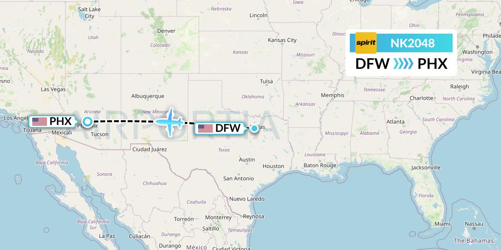 NK2048 Spirit Airlines Flight Map: Dallas to Phoenix