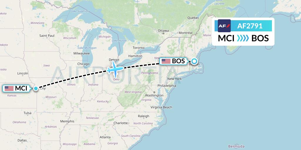 AF2791 Air France Flight Map: Kansas City to Boston