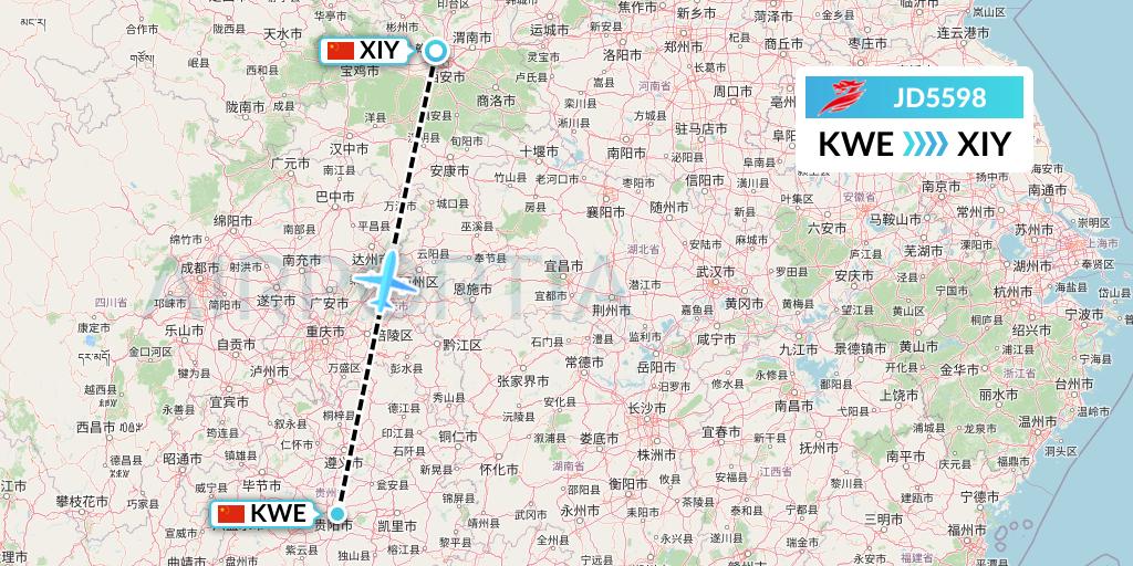 JD5598 Capital Airlines Flight Map: Guiyang to Xi'an