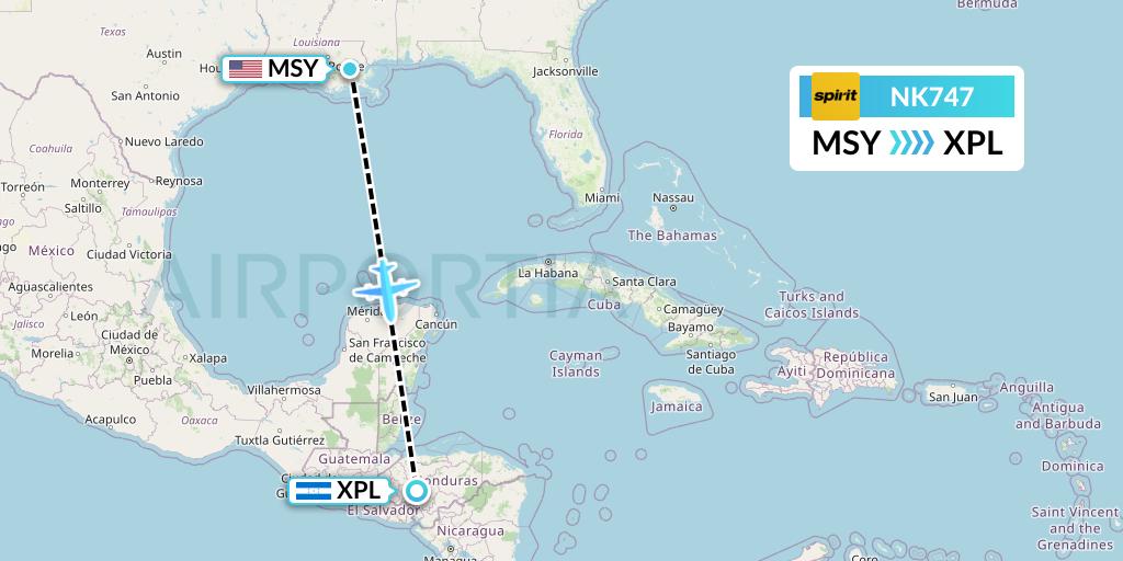 NK747 Spirit Airlines Flight Map: New Orleans to Comayagua