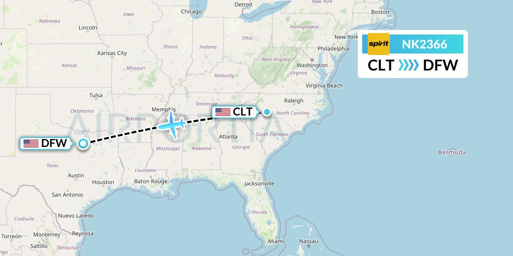 NK2366 Spirit Airlines Flight Map: Charlotte to Dallas