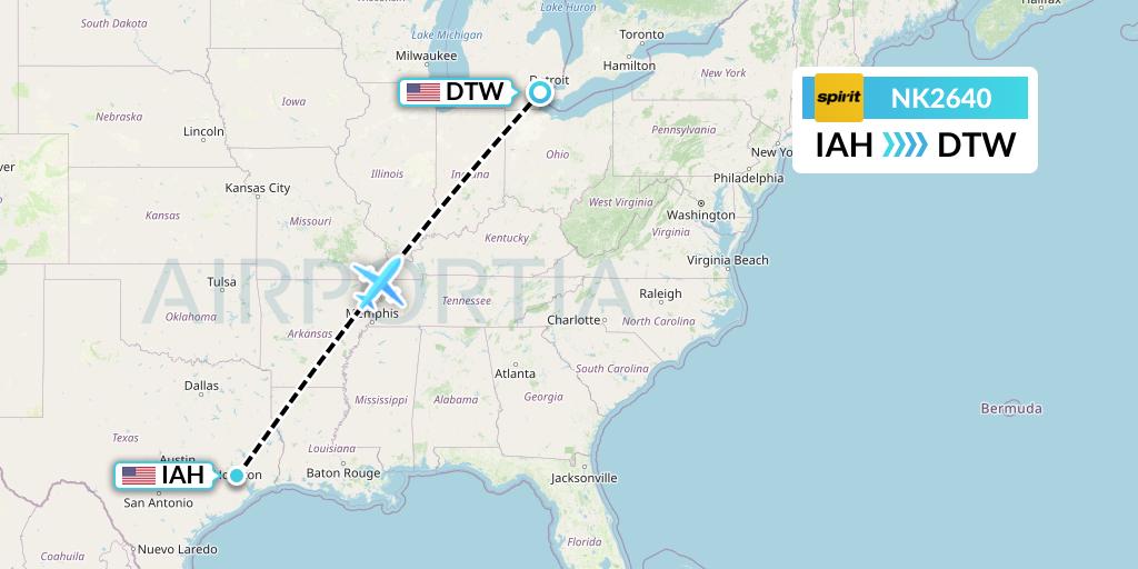 NK2640 Spirit Airlines Flight Map: Houston to Detroit