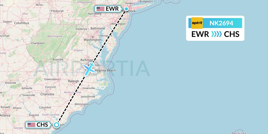 NK2694 Spirit Airlines Flight Map: New York to Charleston
