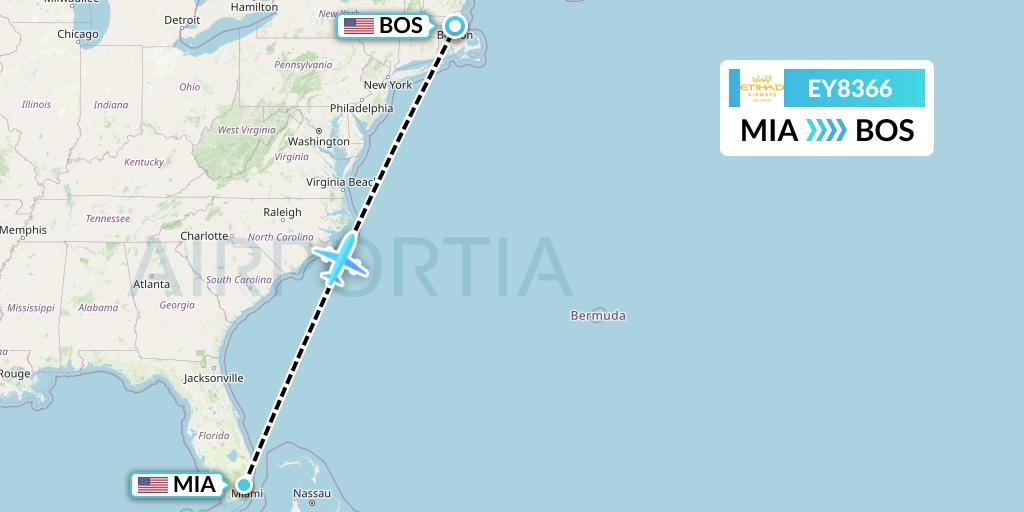EY8366 Etihad Airways Flight Map: Miami to Boston