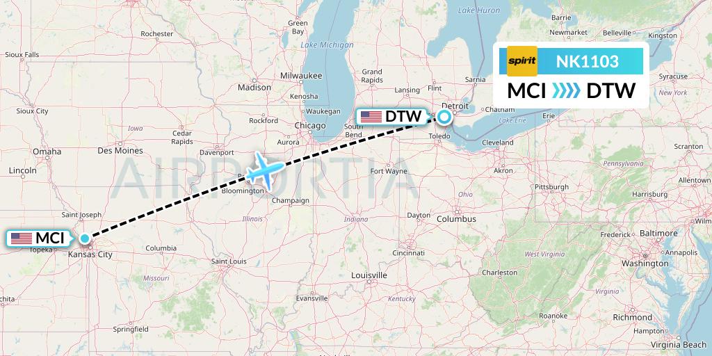 NK1103 Spirit Airlines Flight Map: Kansas City to Detroit